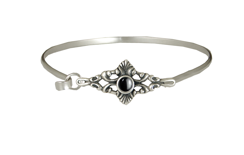 Sterling Silver Victorian Strap Latch Spring Hook Bangle Bracelet With Hematite